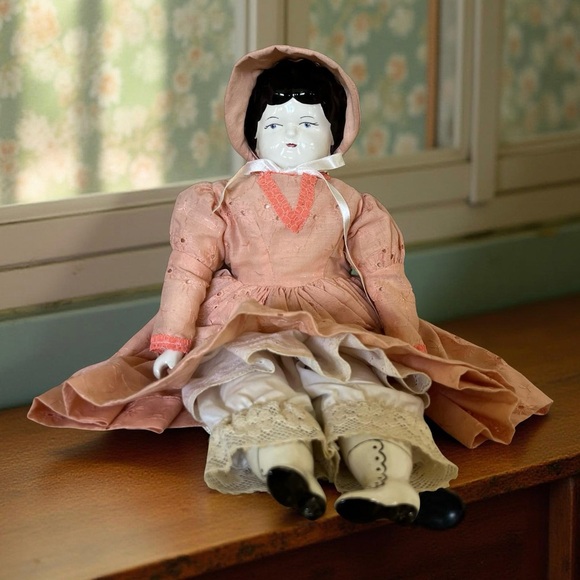 Porcelain Antique Doll with Handmade Peach Eyelet Dress,...